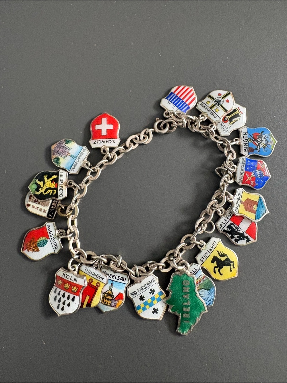 Vintage sterling 925 charm bracelet travel shield charms European Germany